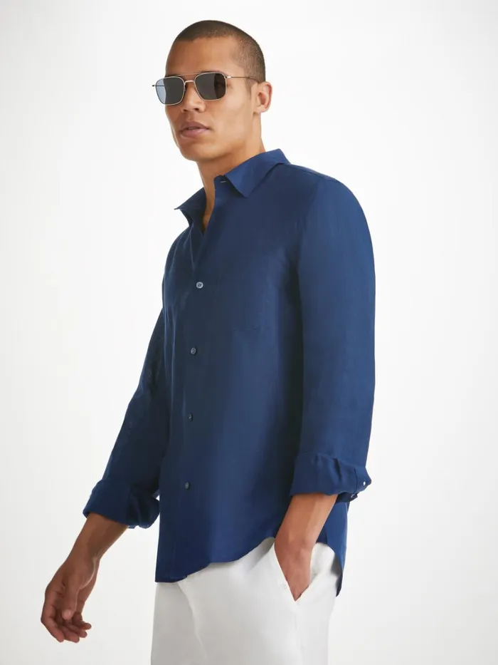 Casual Shirts Men Derek Rose Shirt Monaco 2 Linen Navy