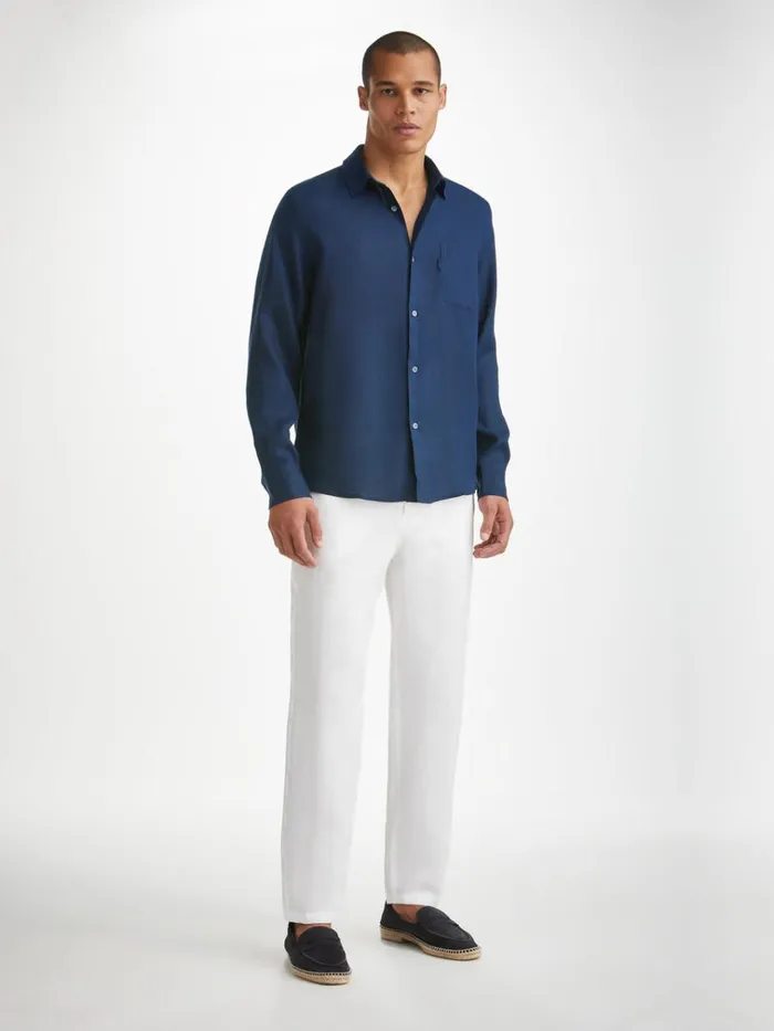 Casual Shirts Men Derek Rose Shirt Monaco 2 Linen Navy