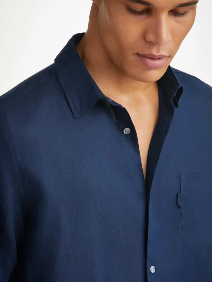 Casual Shirts Men Derek Rose Shirt Monaco 2 Linen Navy