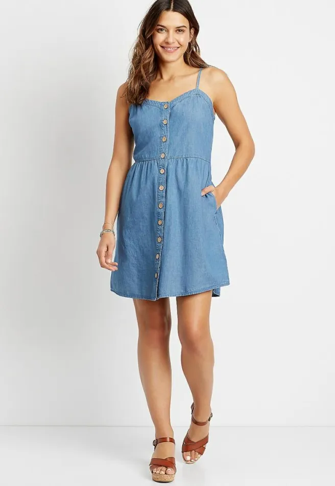 Chambray Button Front Mini Pocket Dress Women Maurices Dresses and Jumpsuits
