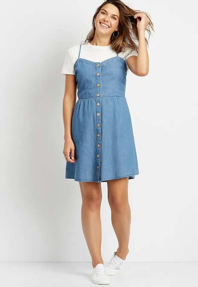 Chambray Button Front Mini Pocket Dress Women Maurices Dresses and Jumpsuits