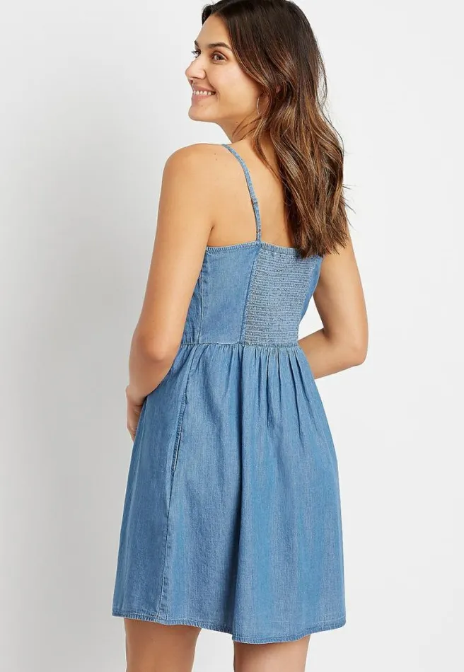 Chambray Button Front Mini Pocket Dress Women Maurices Dresses and Jumpsuits