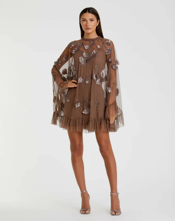 Chocolate Embellished Long Flare Sleeve Mesh ALine Dress Chocolate Daytime Dresses Mac Duggal Women Chocolate Embellished Long Flare Sleeve Mesh ALine Dress Chocolate Daytime Dresses Mac Duggal Women