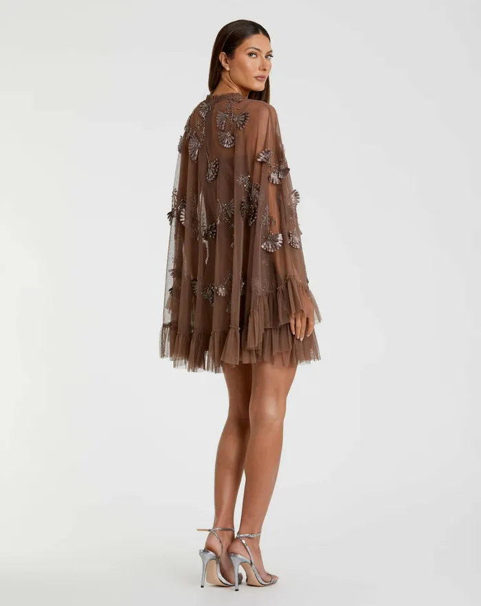 Chocolate Embellished Long Flare Sleeve Mesh ALine Dress Chocolate Daytime Dresses Mac Duggal Women