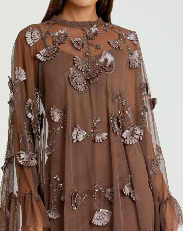 Chocolate Embellished Long Flare Sleeve Mesh ALine Dress Chocolate Daytime Dresses Mac Duggal Women