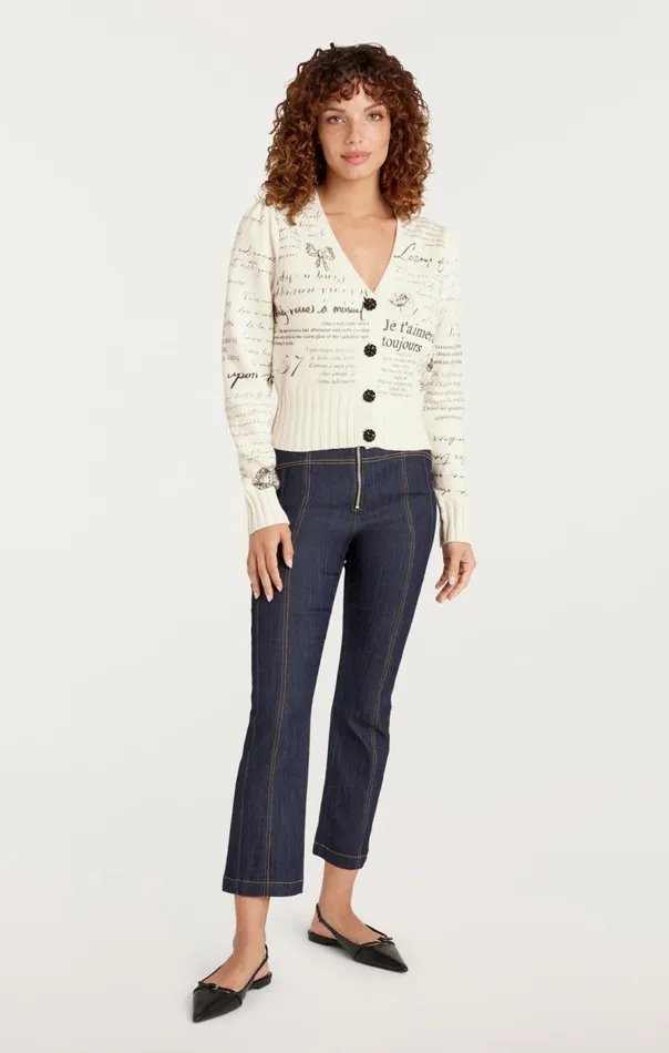 Cinq Sept Printed Lovenotes Morgan Cardigan Ivoryblack Women Sweaters and Knits