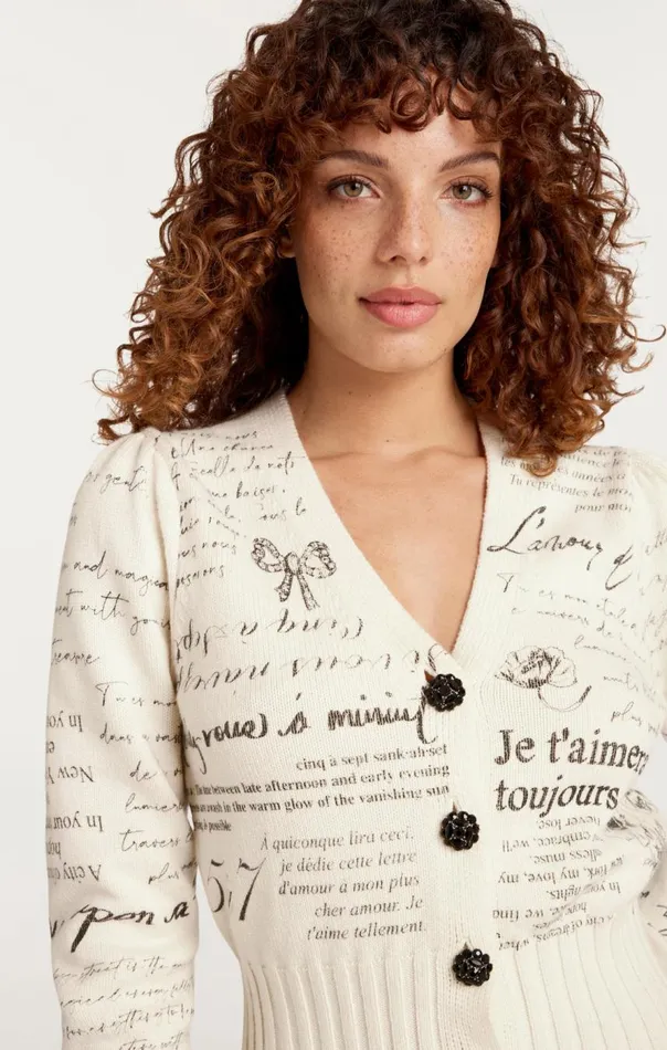 Cinq Sept Printed Lovenotes Morgan Cardigan Ivoryblack Women Sweaters and Knits