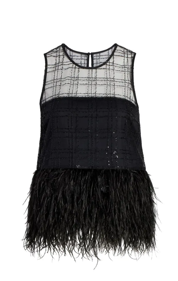 Cinq Sept Sequin Plaid Charisse Top Black Women Tank Tops and Camisoles