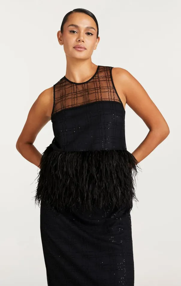 Cinq Sept Sequin Plaid Charisse Top Black Women Tank Tops and Camisoles