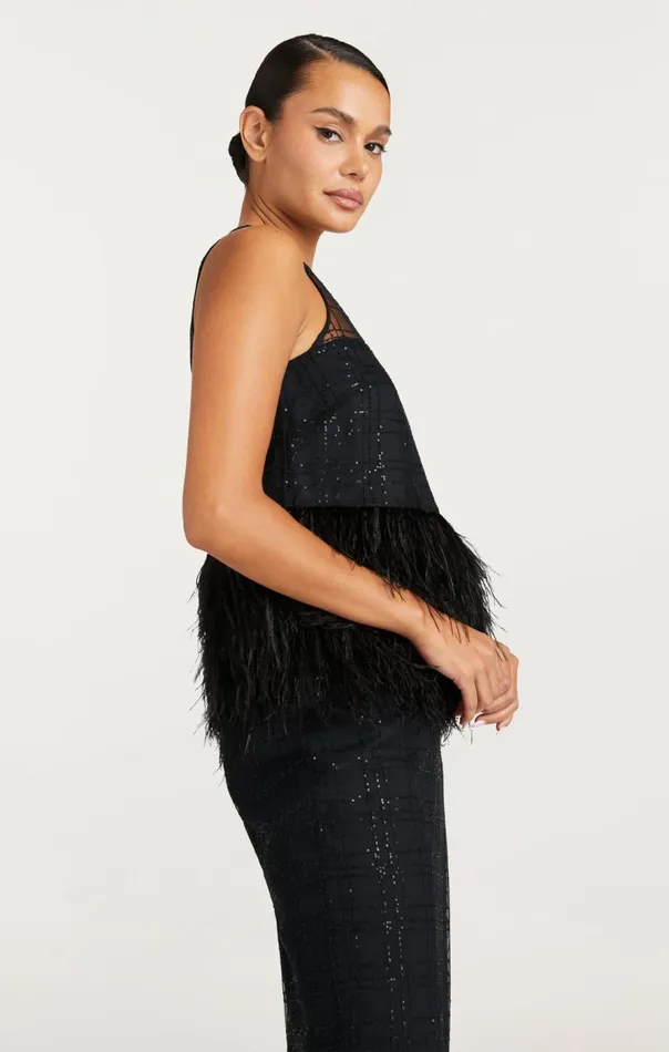 Cinq Sept Sequin Plaid Charisse Top Black Women Tank Tops and Camisoles