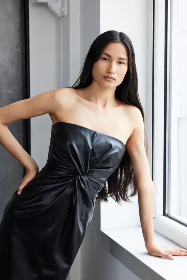 Cinq Sept Vegan Leather Strapless Mckenna Dress Black Women Midi