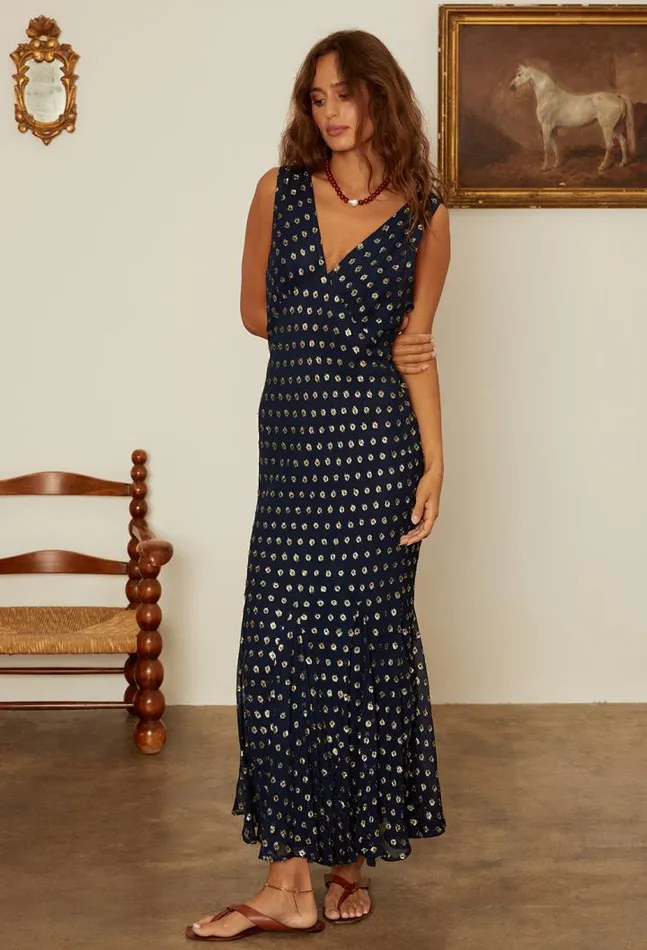 Clarette Georgette Navy Slip Dress With Gold Metallic Dots Women Ciao Lucia Evening Dresses
