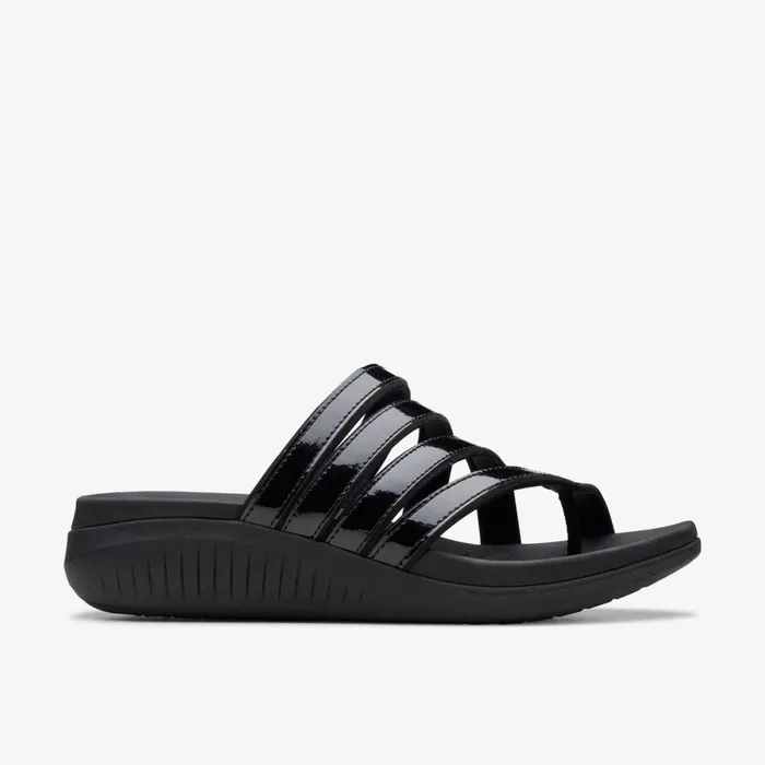 Clarks Flat Sandals Glide Hi Iris Black Patent 8211 Women