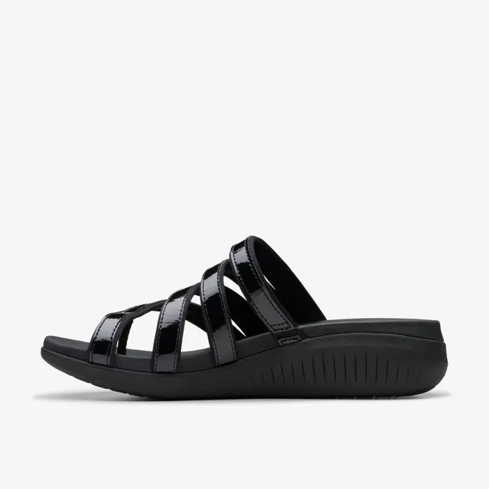 Clarks Flat Sandals Glide Hi Iris Black Patent 8211 Women