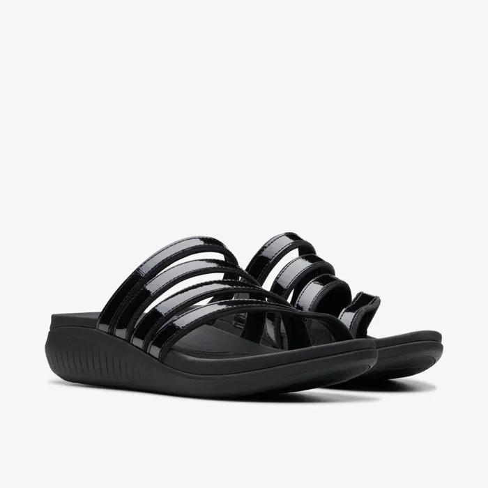 Clarks Flat Sandals Glide Hi Iris Black Patent 8211 Women