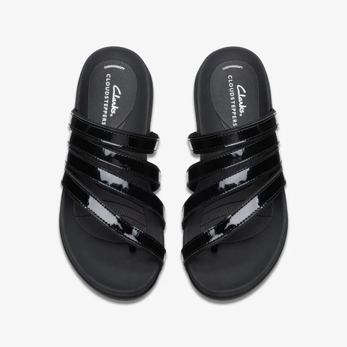 Clarks Flat Sandals Glide Hi Iris Black Patent 8211 Women