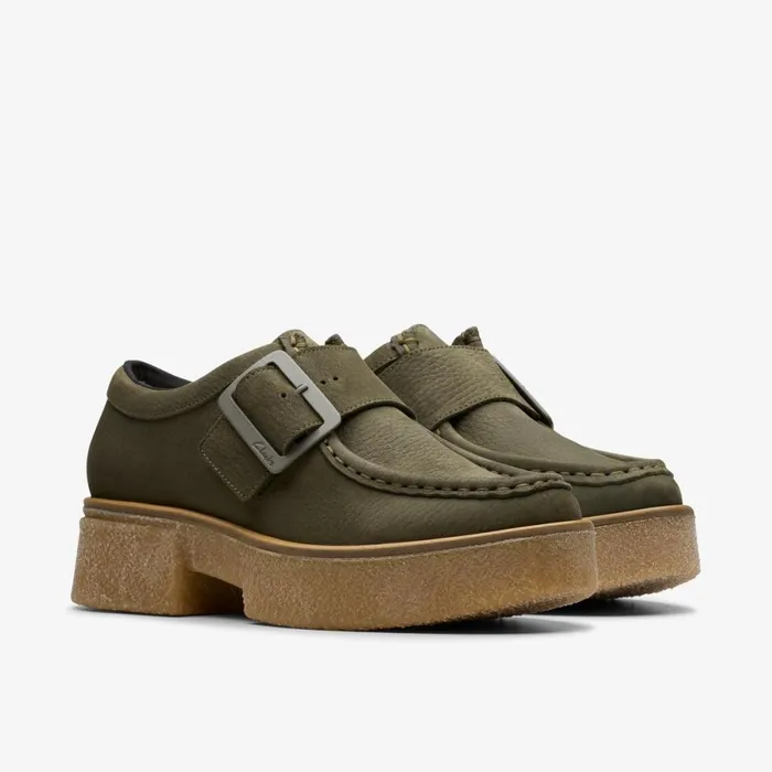 Clarks Flat Shoes Linoso Monk Dark Green Nubuck 8211 Women