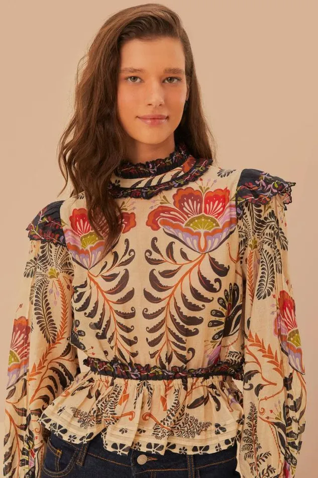 Classic Nature Sand Ruffled Long Sleeve Blouse Women FARM Rio Blouses