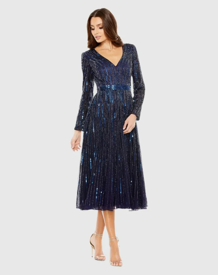 Cocktail Dresses Mac Duggal Women Navy Long Sleeve Tea Length Dress Midnight