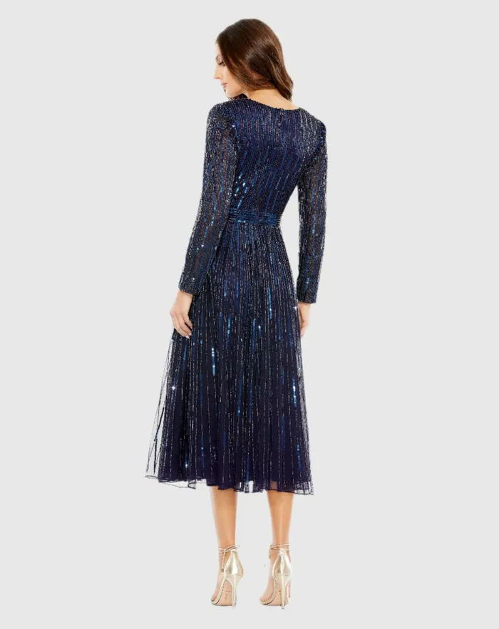 Cocktail Dresses Mac Duggal Women Navy Long Sleeve Tea Length Dress Midnight