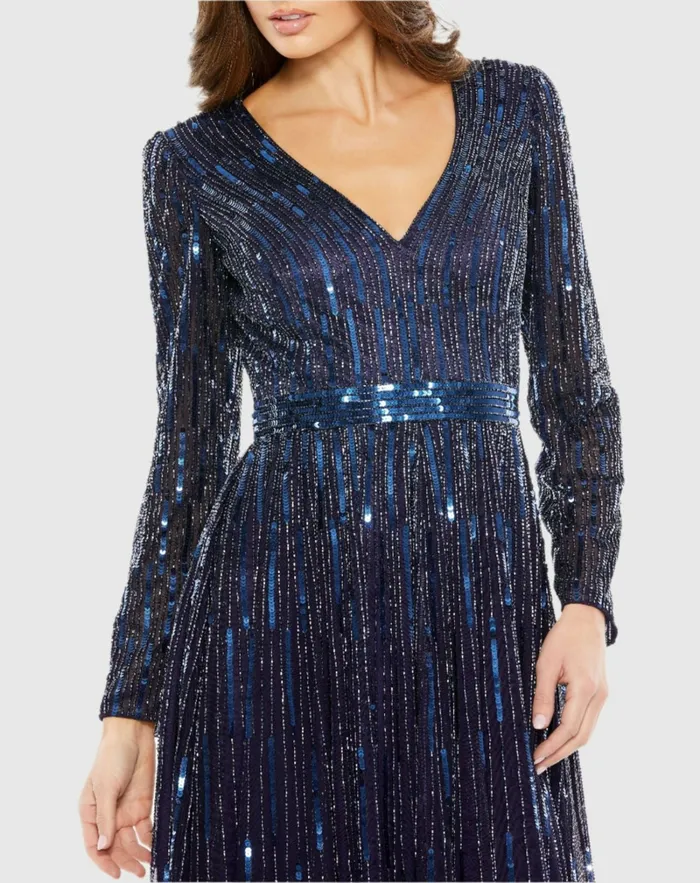 Cocktail Dresses Mac Duggal Women Navy Long Sleeve Tea Length Dress Midnight