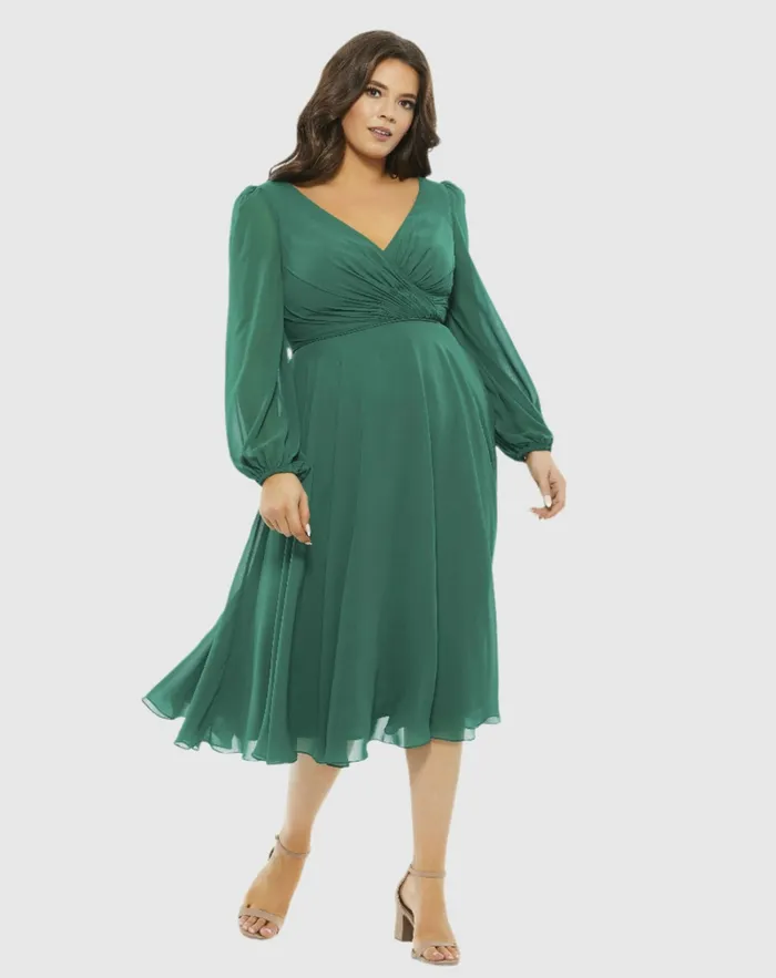 Cocktail Dresses Women Mac Duggal Chiffon Bishop Sleeve Surplice Dress Plus Emerald Green Cocktail Dresses Women Mac Duggal Chiffon Bishop Sleeve Surplice Dress Plus Emerald Green