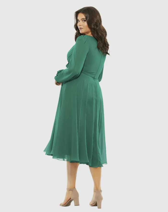 Cocktail Dresses Women Mac Duggal Chiffon Bishop Sleeve Surplice Dress Plus Emerald Green