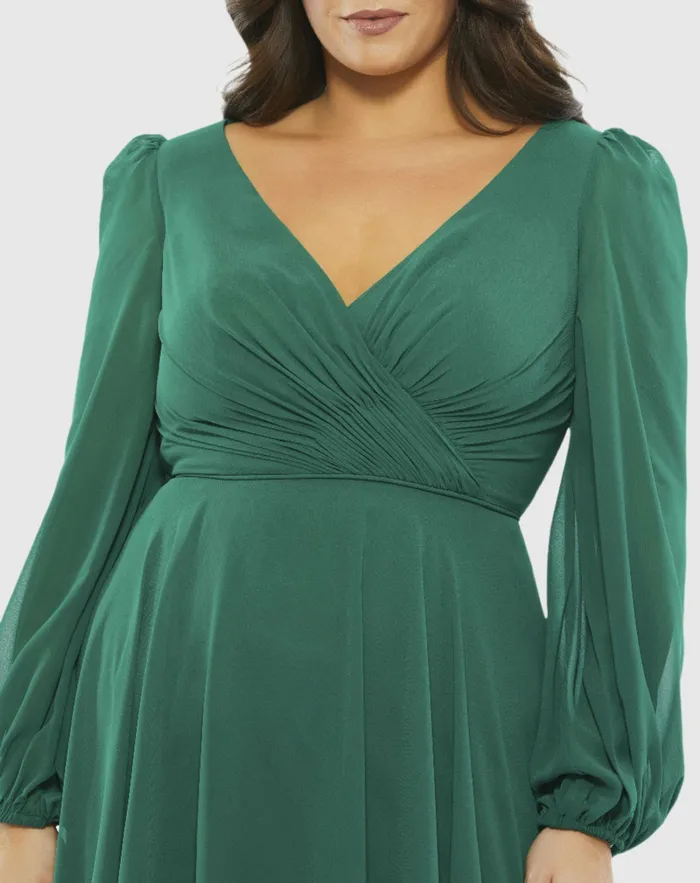 Cocktail Dresses Women Mac Duggal Chiffon Bishop Sleeve Surplice Dress Plus Emerald Green