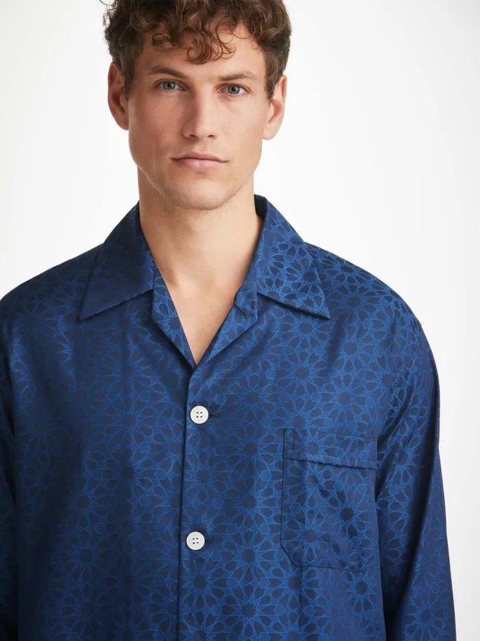Cotton Pajamas Men Derek Rose Classic Fit Pajamas Paris 26 Cotton Jacquard Navy
