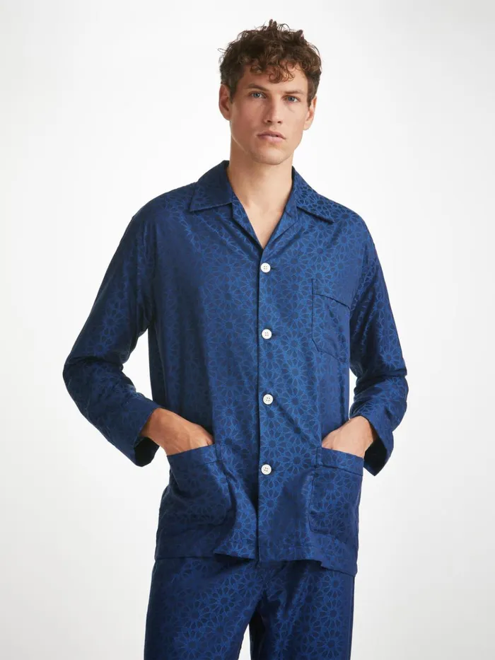 Cotton Pajamas Men Derek Rose Classic Fit Pajamas Paris 26 Cotton Jacquard Navy