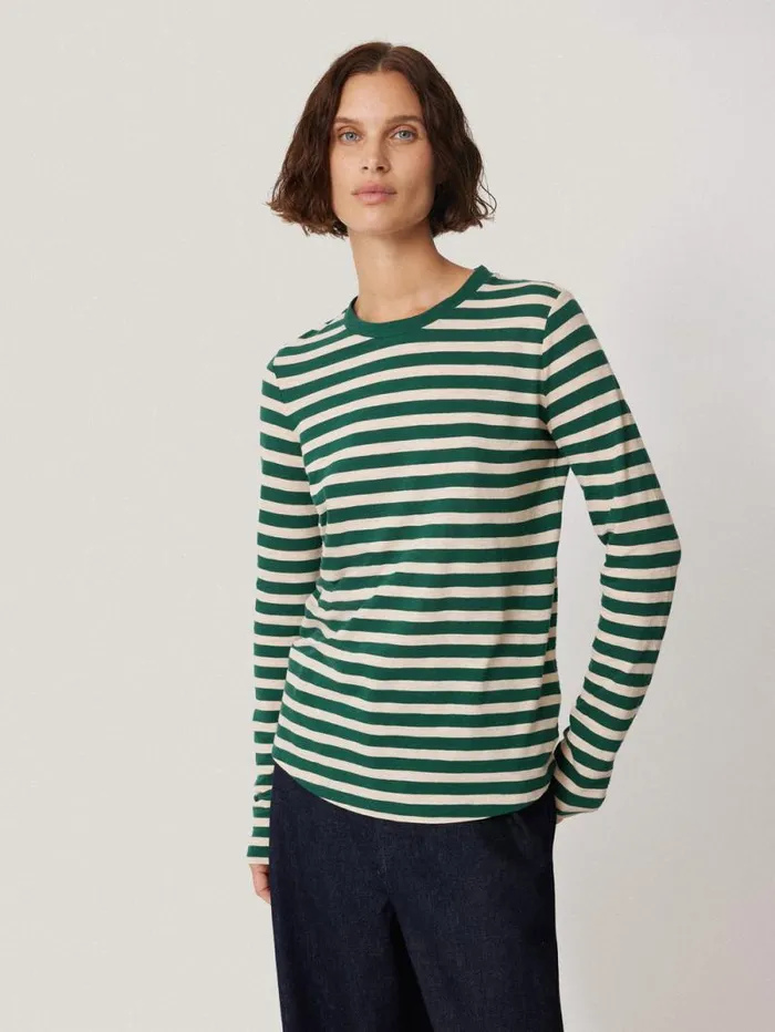 Cotton Slub Stripe Long Sleeve Tee Green Women Jigsaw Shirts and Tops