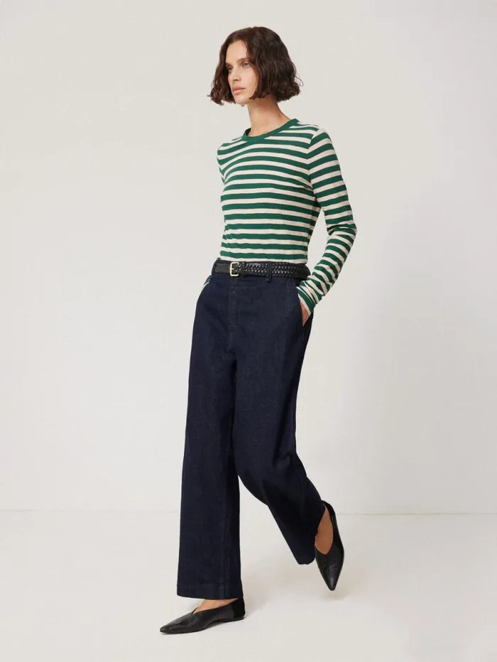 Cotton Slub Stripe Long Sleeve Tee Green Women Jigsaw Shirts and Tops