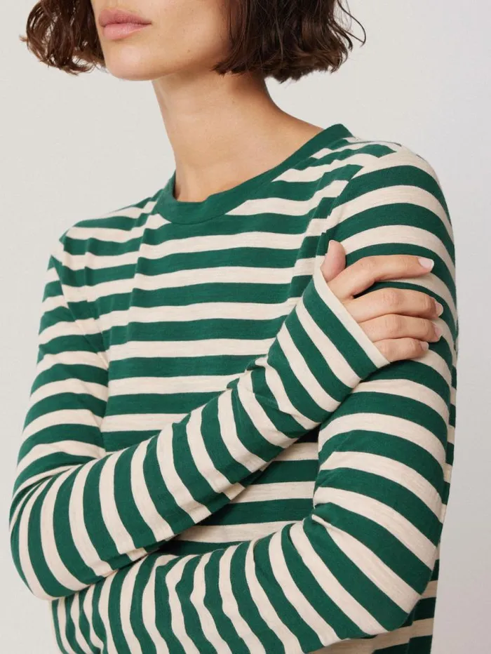 Cotton Slub Stripe Long Sleeve Tee Green Women Jigsaw Shirts and Tops