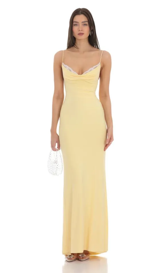Cowl Neck Mermaid Maxi Dress Yellow Women LUCY IN THE SKY Maxi Dresses