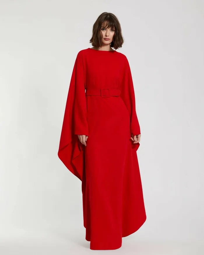 Crepe Boat Neck Caftan Maxi Dress With Belt Cherry Women Every Day Dresses Mac Duggal