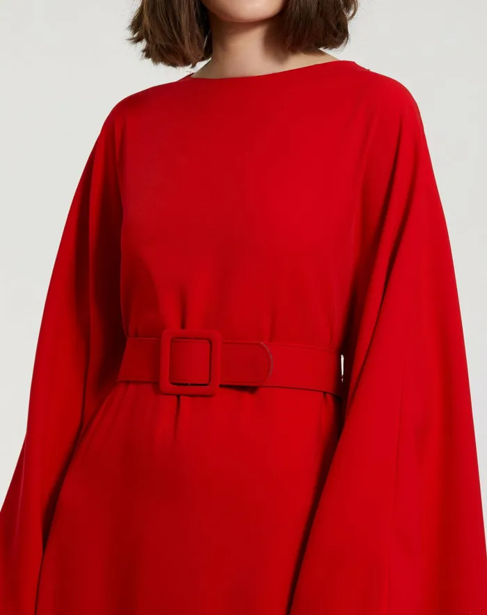 Crepe Boat Neck Caftan Maxi Dress With Belt Cherry Women Every Day Dresses Mac Duggal