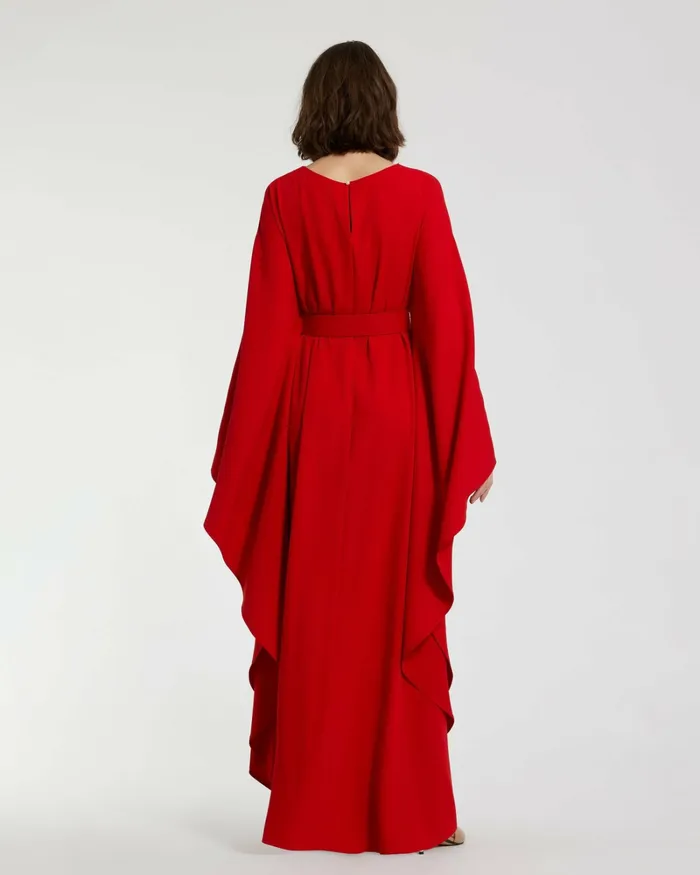 Crepe Boat Neck Caftan Maxi Dress With Belt Cherry Women Every Day Dresses Mac Duggal