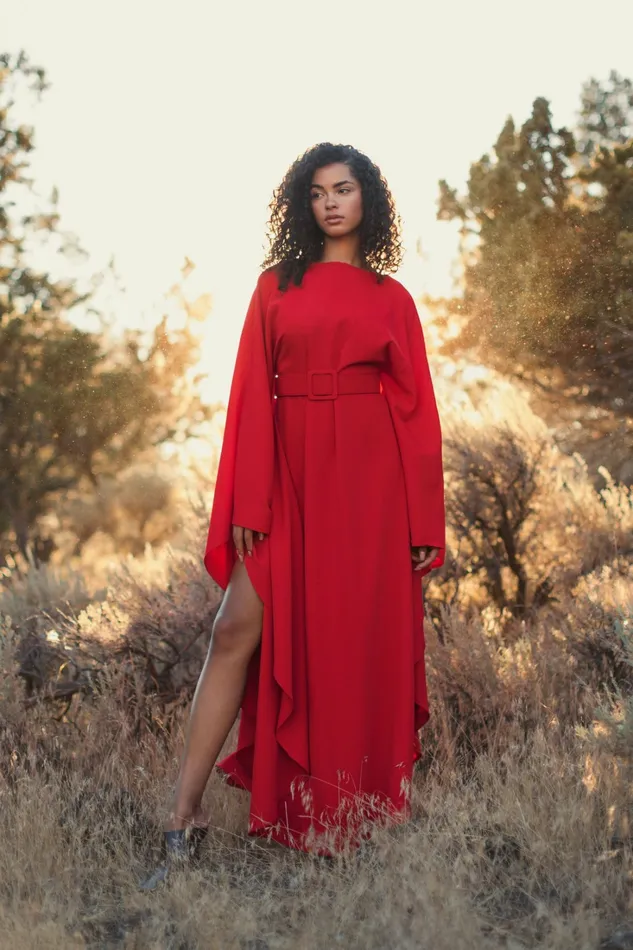 Crepe Boat Neck Caftan Maxi Dress With Belt Cherry Women Every Day Dresses Mac Duggal