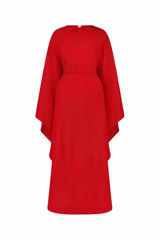 Crepe Boat Neck Caftan Maxi Dress With Belt Cherry Women Every Day Dresses Mac Duggal