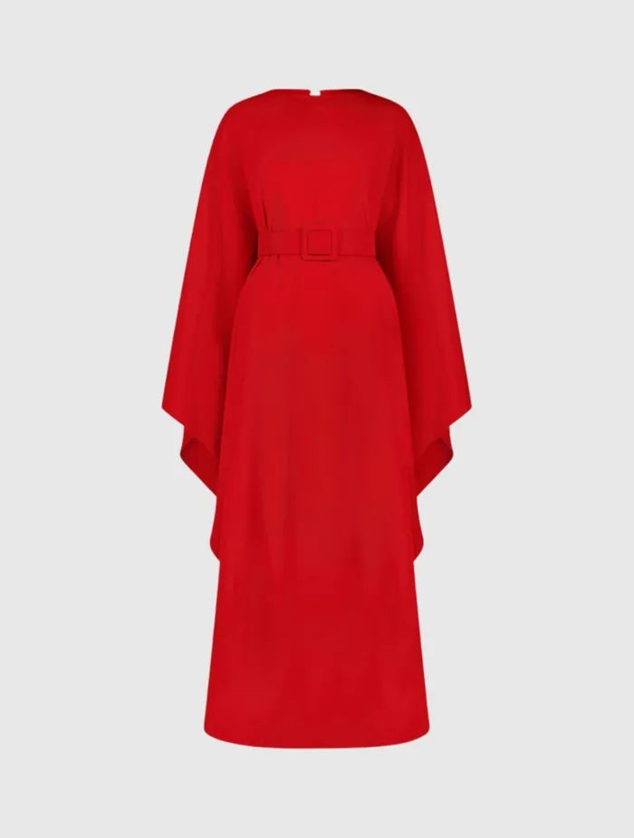 Crepe Boat Neck Caftan Maxi Dress With Belt Cherry Women Every Day Dresses Mac Duggal