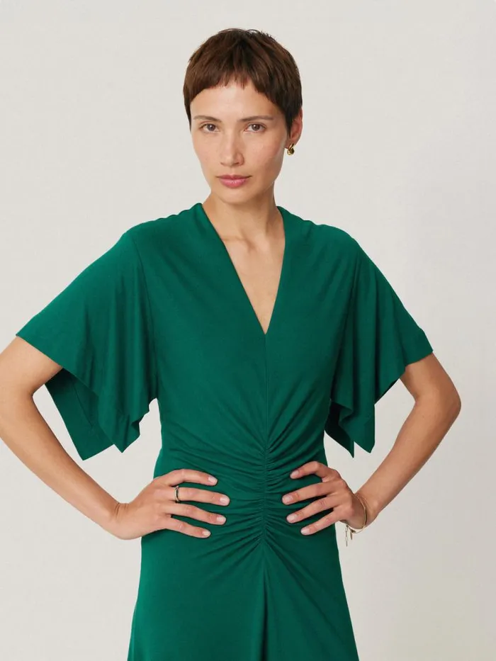 Crepe Flutter Sleeve Dress Green Women Jigsaw Dresses and Jumpsuits