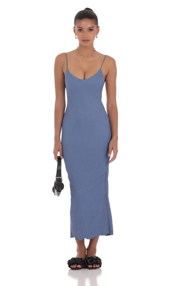 Crinkle VNeck Bodycon Maxi Dress Slate Blue Women LUCY IN THE SKY Maxi Dresses