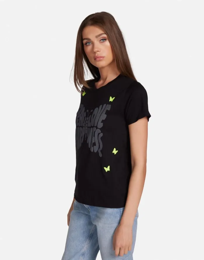 Croft Neon Peace Love Butterflies Black Women Lauren Moshi Short Sleeve