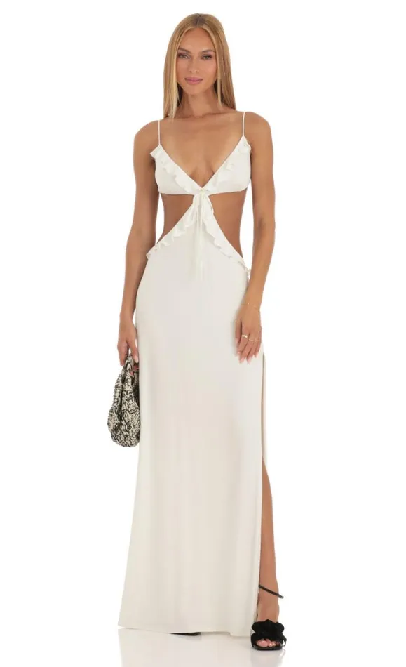 Cut Out Dress With Ruffles Cream Women LUCY IN THE SKY Maxi Dresses