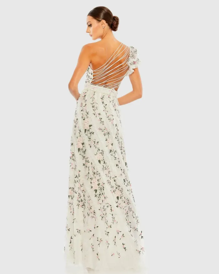 Daytime Dresses Embroidered Ruffled One Shoulder Lace Up Gown Black Multi 8211 Mac Duggal Women