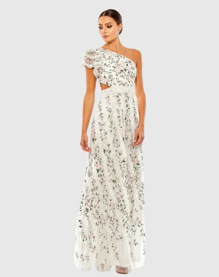 Daytime Dresses Embroidered Ruffled One Shoulder Lace Up Gown Black Multi 8211 Mac Duggal Women