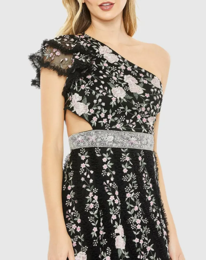 Daytime Dresses Embroidered Ruffled One Shoulder Lace Up Gown Black Multi 8211 Mac Duggal Women