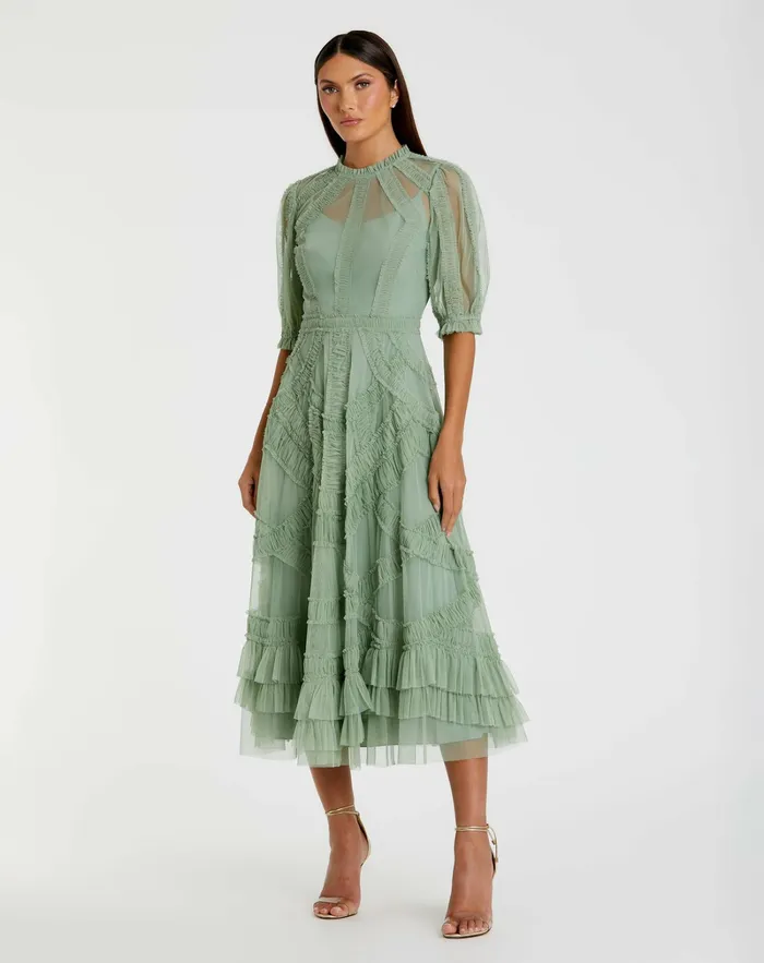 Daytime Dresses Mac Duggal Women Green High Neck Micro Ruffle Tiered Midi Dress Jade