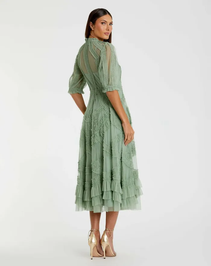 Daytime Dresses Mac Duggal Women Green High Neck Micro Ruffle Tiered Midi Dress Jade