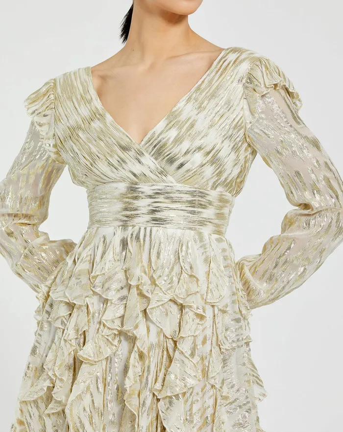 Daytime Dresses Mac Duggal Women Long Sleeve Ruched Ruffle Mini Dress Gold Multi Daytime Dresses Mac Duggal Women Long Sleeve Ruched Ruffle Mini Dress Gold Multi
